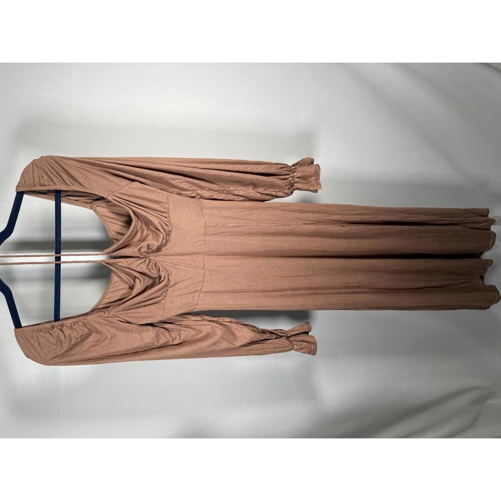 NWT Halara Square Neck Tie Front Flounce Long Sleeve Hem Midi Dress Beaver Fur M - Picture 2 of 11